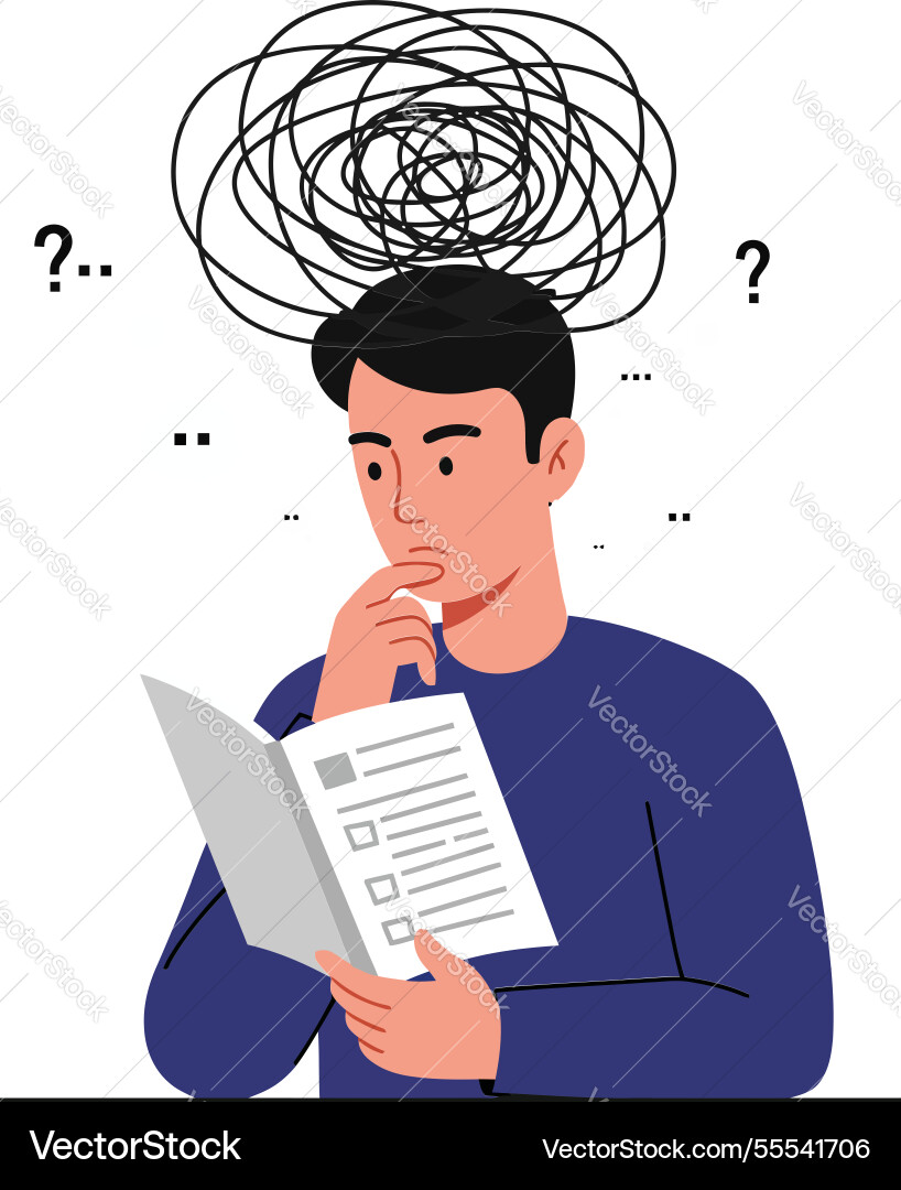 Man contemplating with confusion while reading Man contemplating with confusion while reading vector image