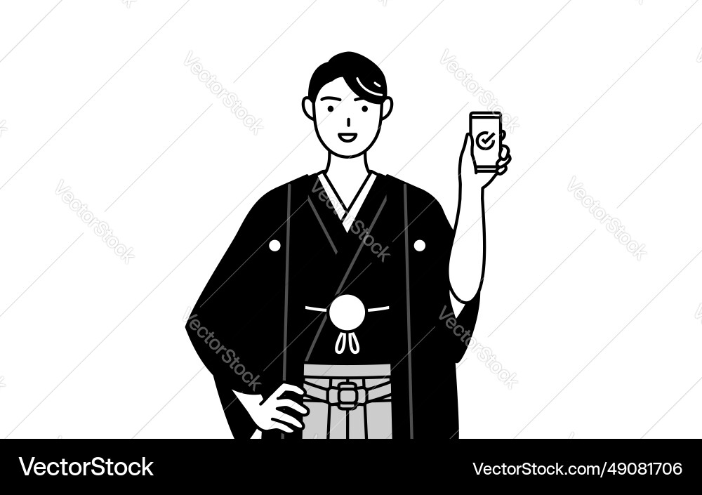 Man wearing hakama with crest using a smartphone Man wearing hakama with crest using a smartphone Vector Image