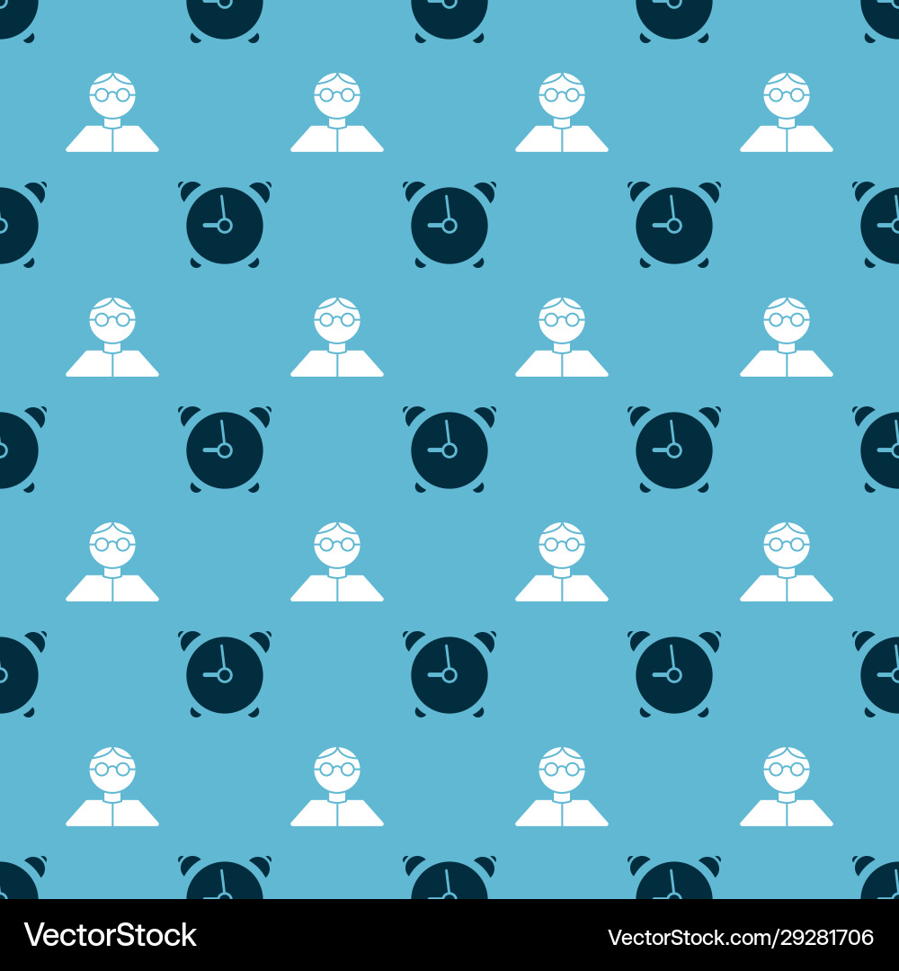 Set alarm clock and student on seamless pattern Set alarm clock and student on seamless pattern Vector Image