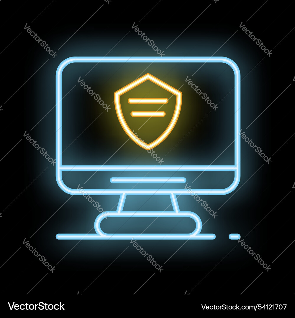 Neon computer icon showing a shield displaying Neon computer icon showing a shield displaying vector image