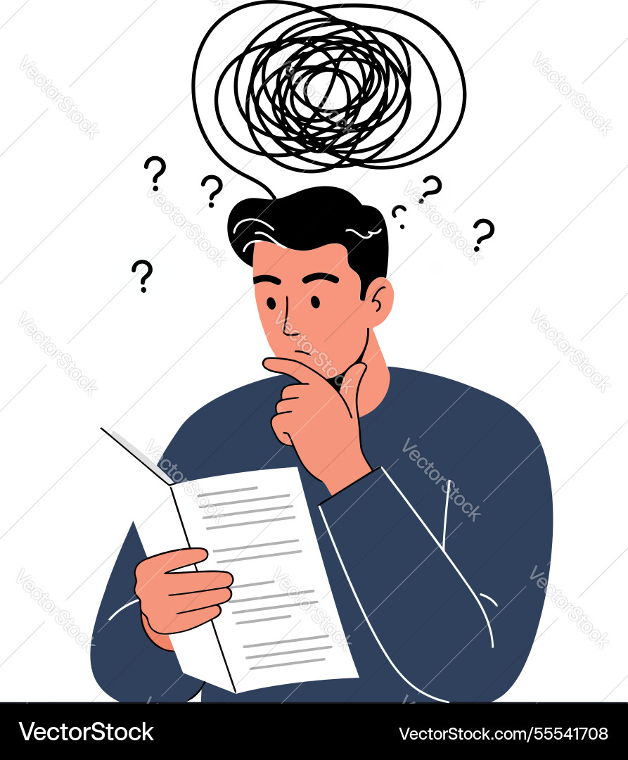Man pondering over a document with confusion Man pondering over a document with confusion vector image