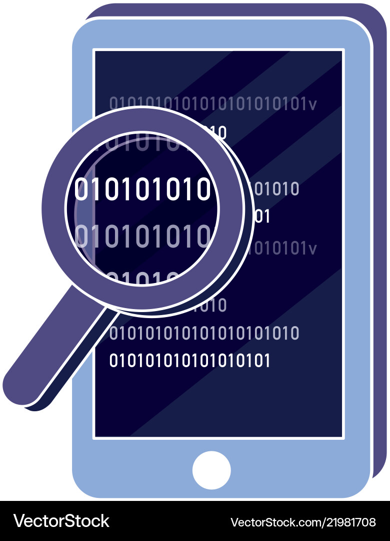 Smartphone and magnifying glass with code program vector image