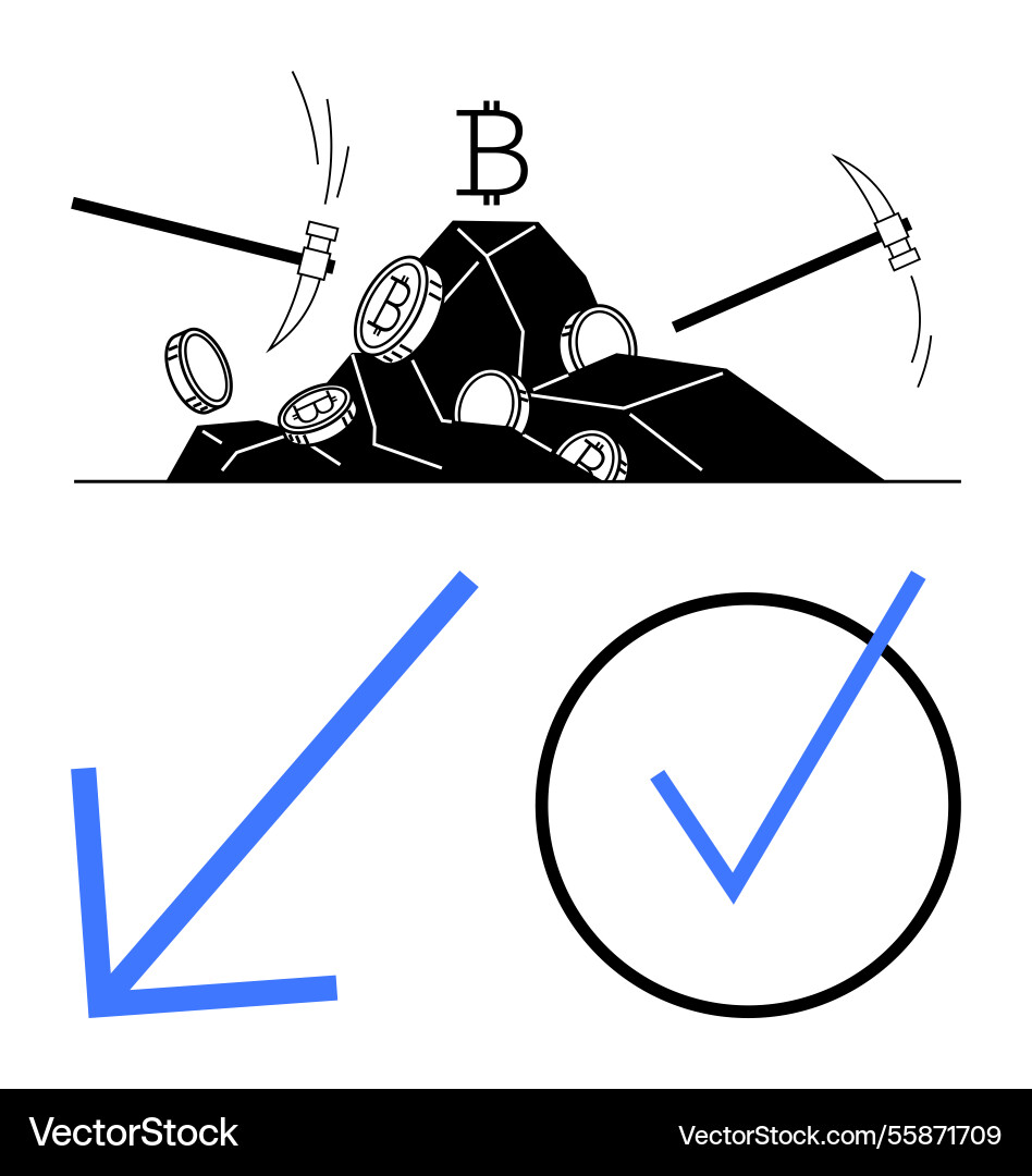 Bitcoin mining process with pickaxes coins Bitcoin mining process with pickaxes coins vector image