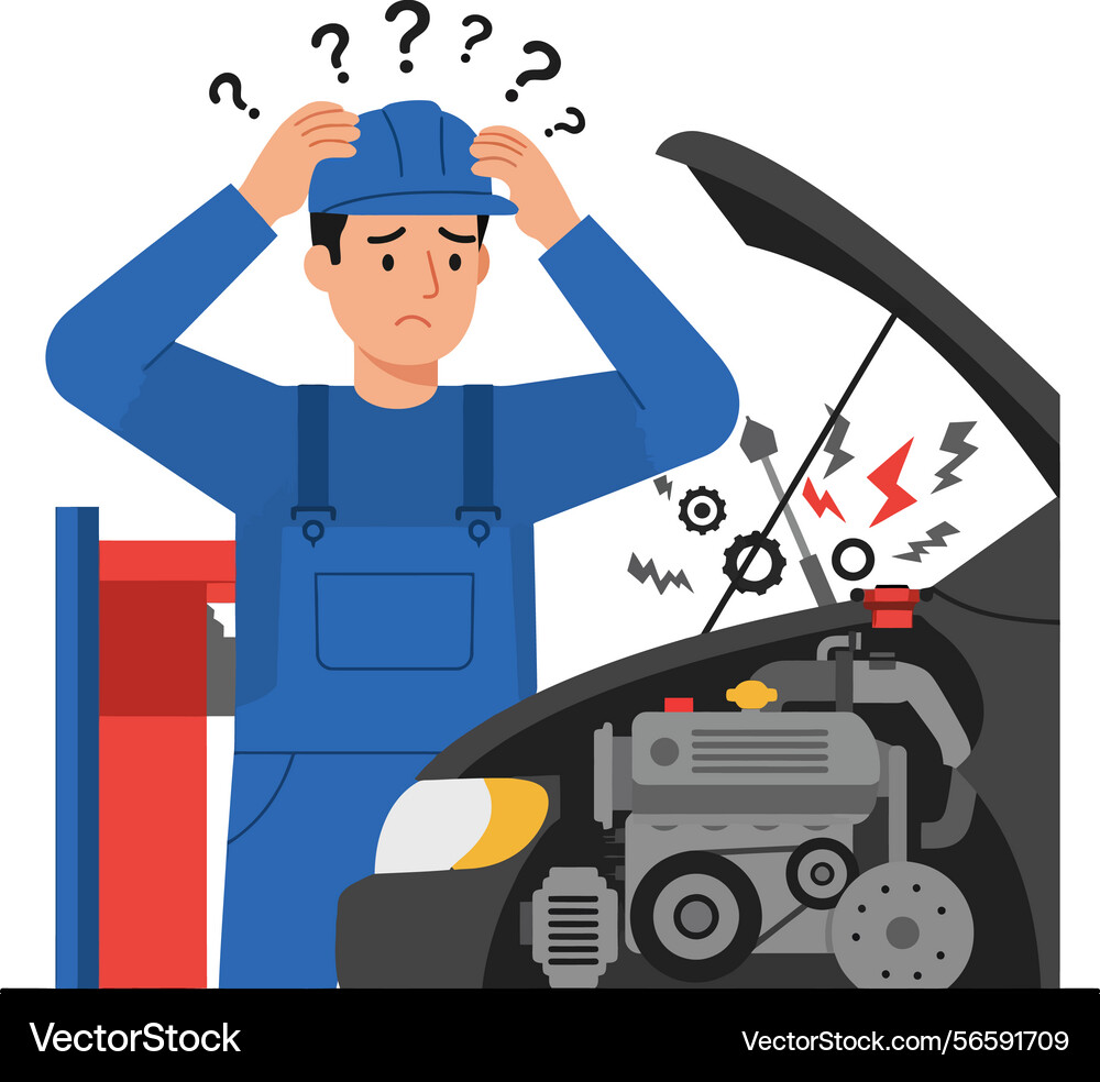 Mechanic troubleshooting car engine with question Mechanic troubleshooting car engine with question Vector Image