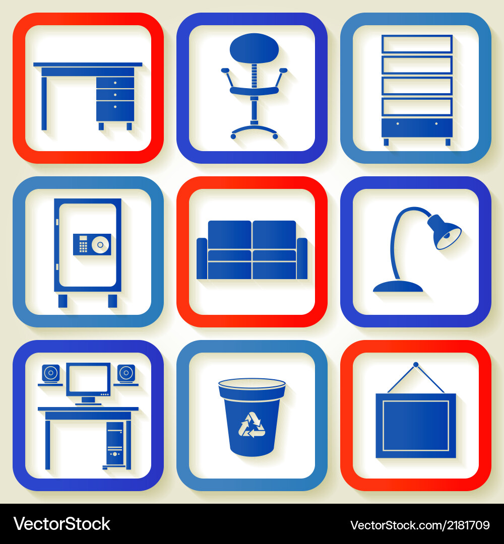 Retro Office Icon Set - 9 Vintage Furniture Icons Vector Image