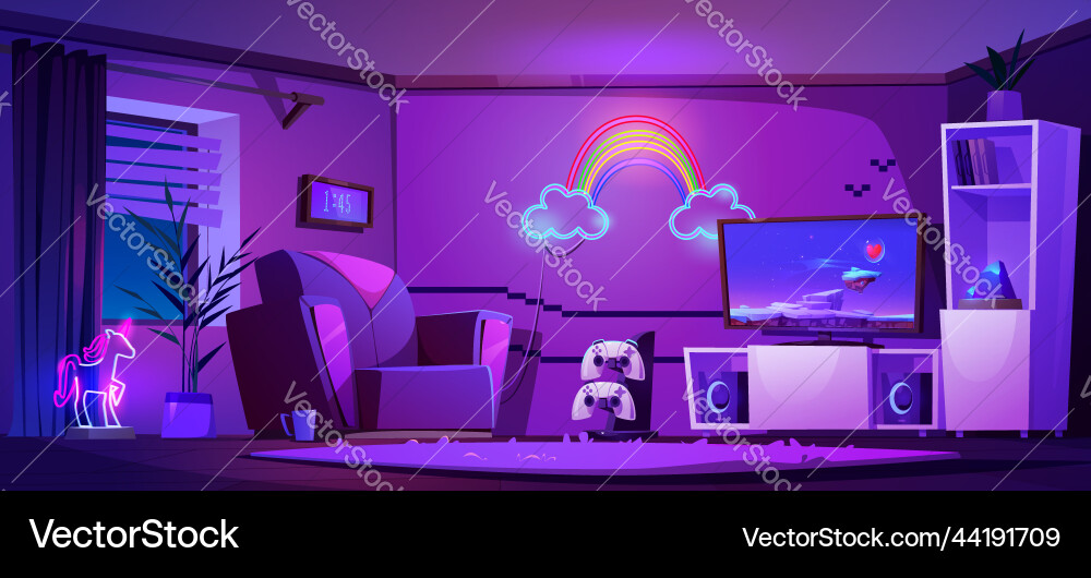 Spielzimmer mit TV-Bildschirm Spielstation Joysticks Spielzimmer mit TV-Bildschirm Spielstation Joysticks vektorbild