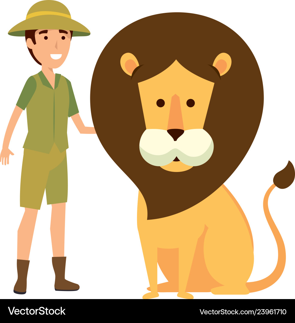 Man worker of zoo with lion vector image