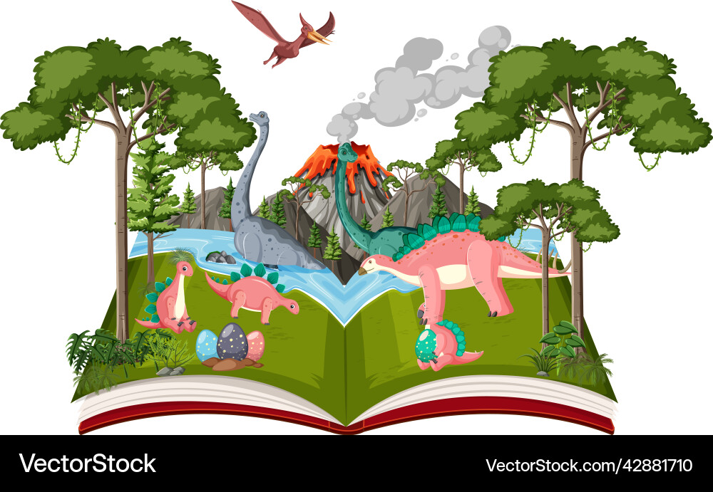 Opened book with various dinosaurs in the forest Opened book with various dinosaurs in the forest Vector Image