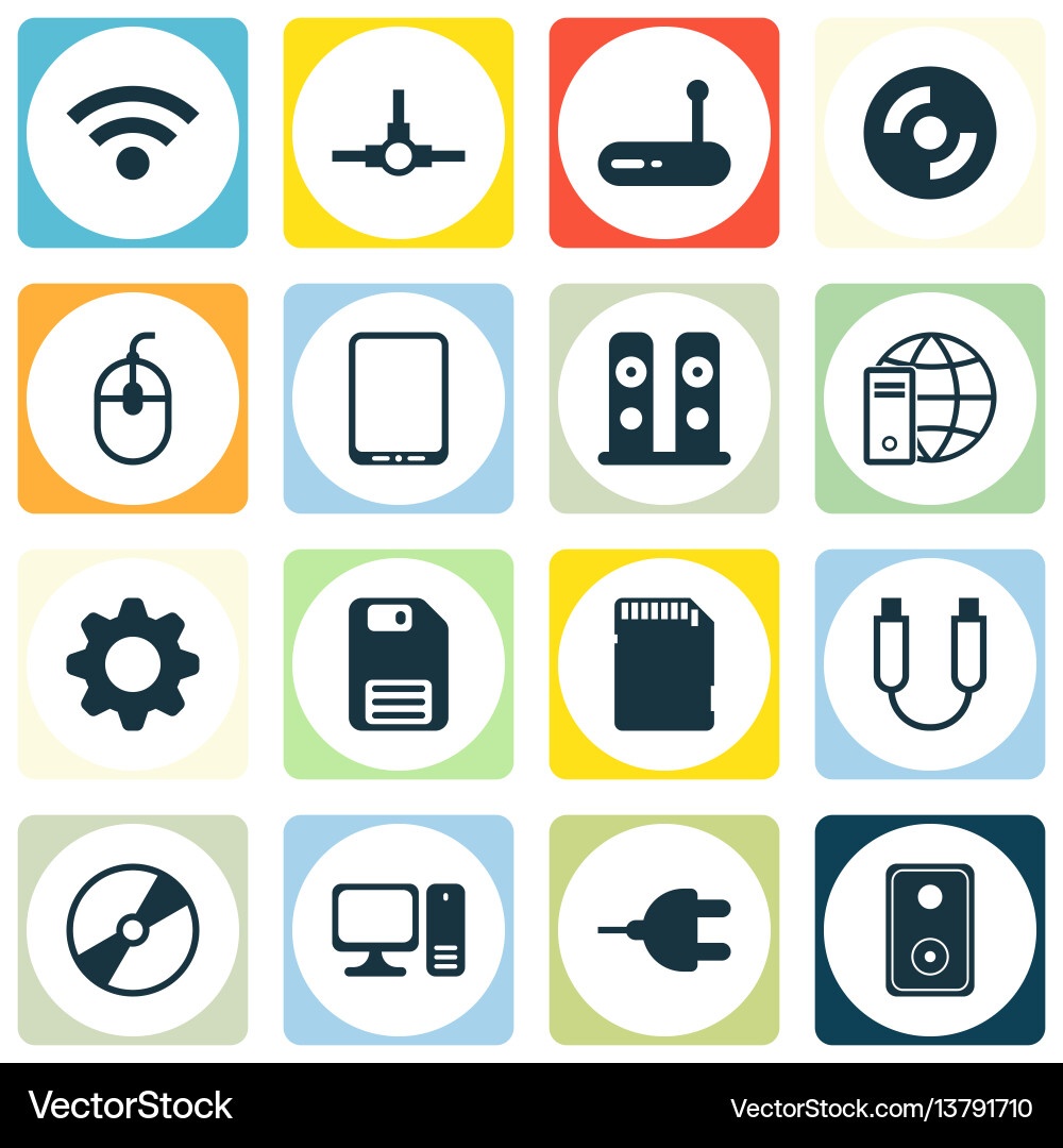 Set of 16 computer hardware icons includes cd-rom Set of 16 computer hardware icons includes cd-rom vector image