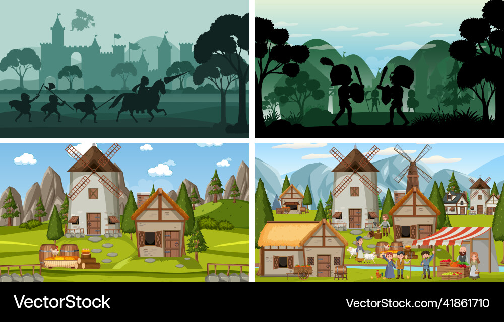 Set von verschiedenen Szene mittelalterlich mit Silhouette Set von verschiedenen Szene mittelalterlich mit Silhouette vektorbild