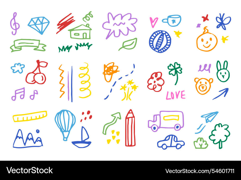 Doodle kids color set hand drawn simple Doodle kids color set hand drawn simple Vector Image