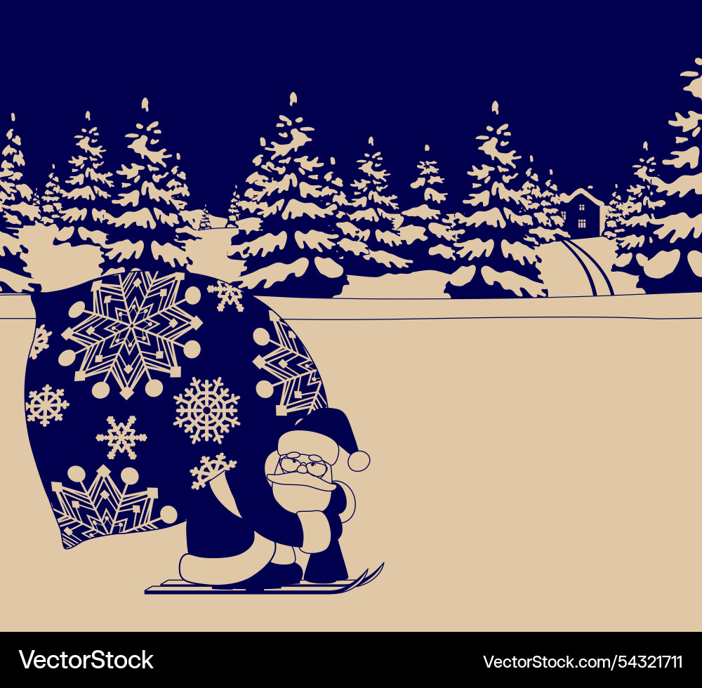 Drawing of santa on skis with a big sack against Drawing of santa on skis with a big sack against vector image