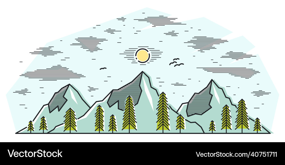 Mountains range and pine forest linear isolated Mountains range and pine forest linear isolated vector image