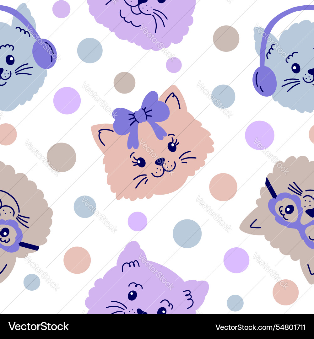 Seamless pattern with cat faces and dots vector image