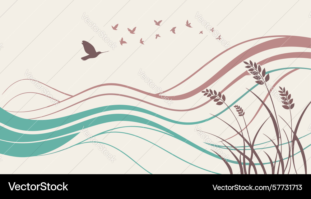 Wavy abstract lines with flying birds dynamic vector image