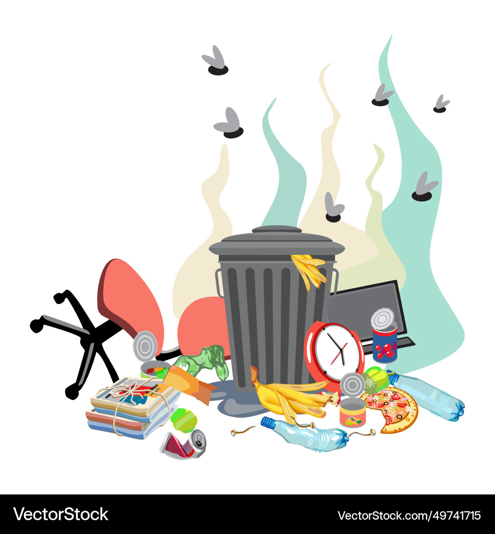 Garbage can with unsorted waste and broken Vector Image