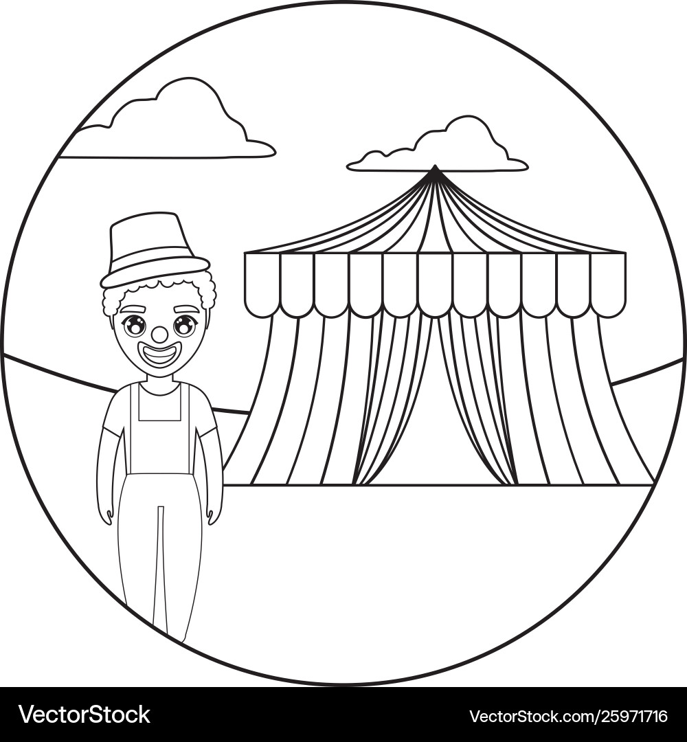 Clown with tent circus in frame circular vector image