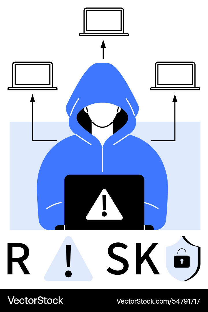 Hacker in a hoodie accessing multiple laptops Hacker in a hoodie accessing multiple laptops vector image