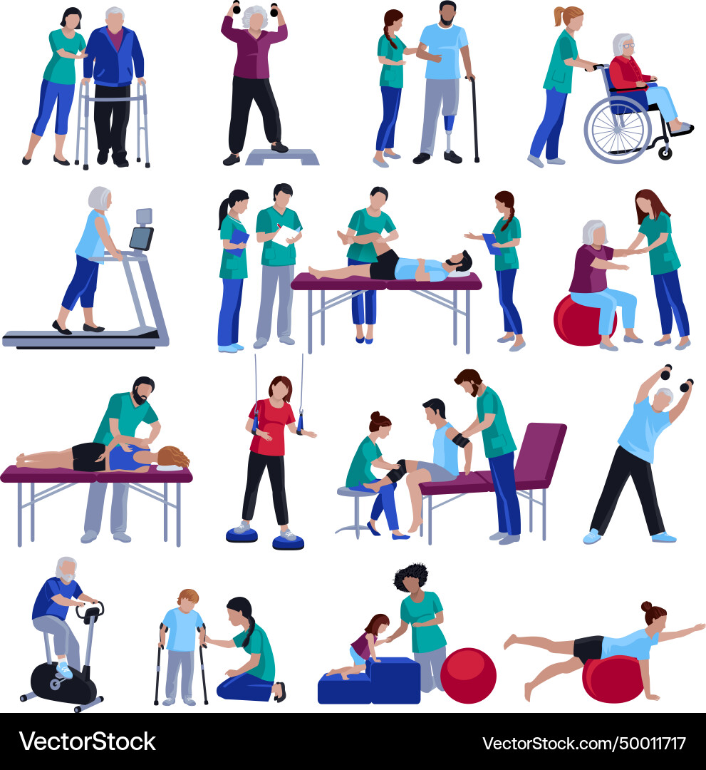 Physiotherapy rehabilitation people flat icons Physiotherapy rehabilitation people flat icons vector image