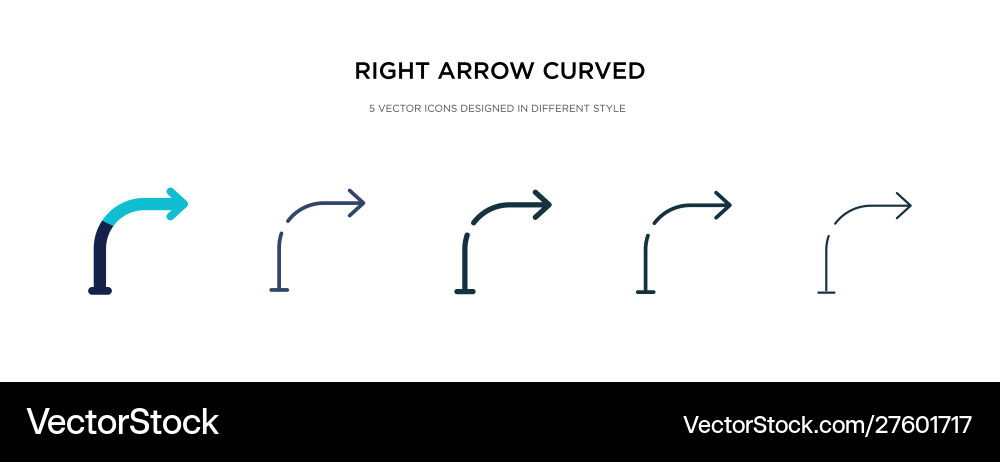 Right arrow curved icon in different style two vector image