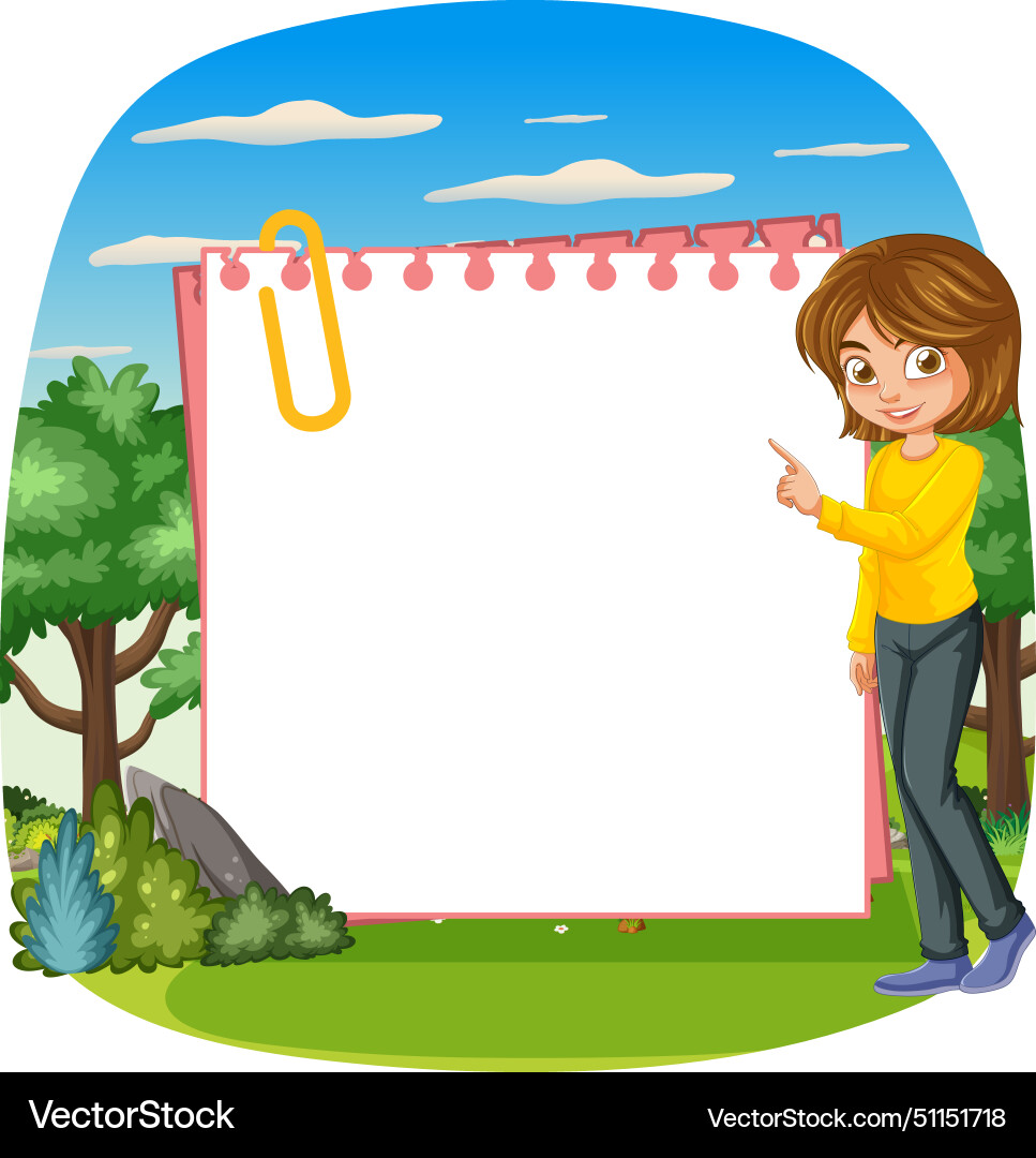 Animated woman pointing at an empty notepad Vector Image