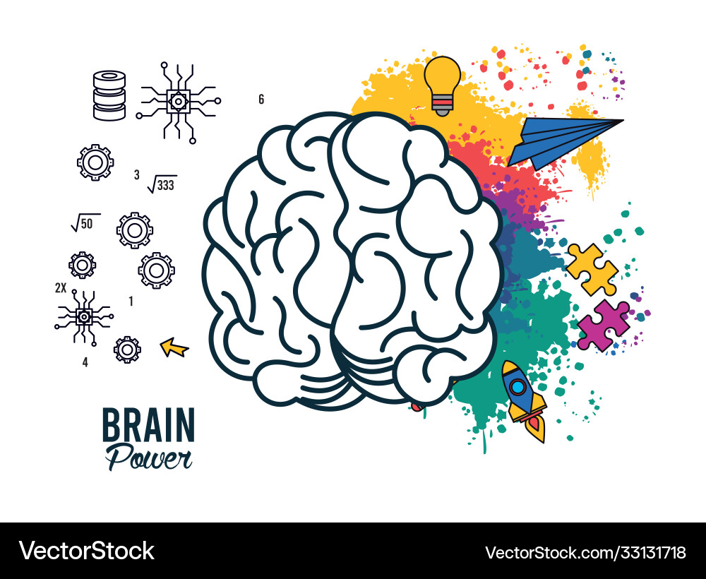 Brain power poster with colors and set items Brain power poster with colors and set items vector image