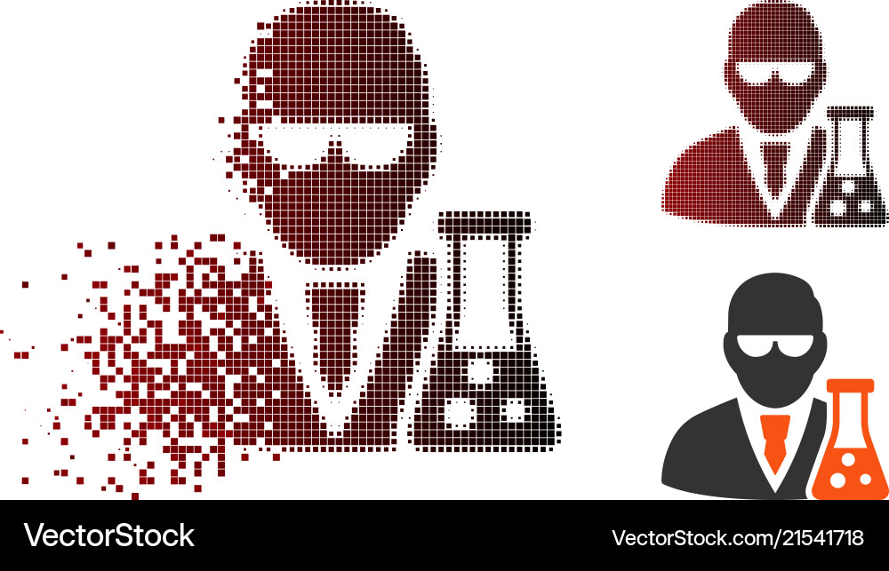 Broken pixel halftone scientist with flask icon Broken pixel halftone scientist with flask icon vector image