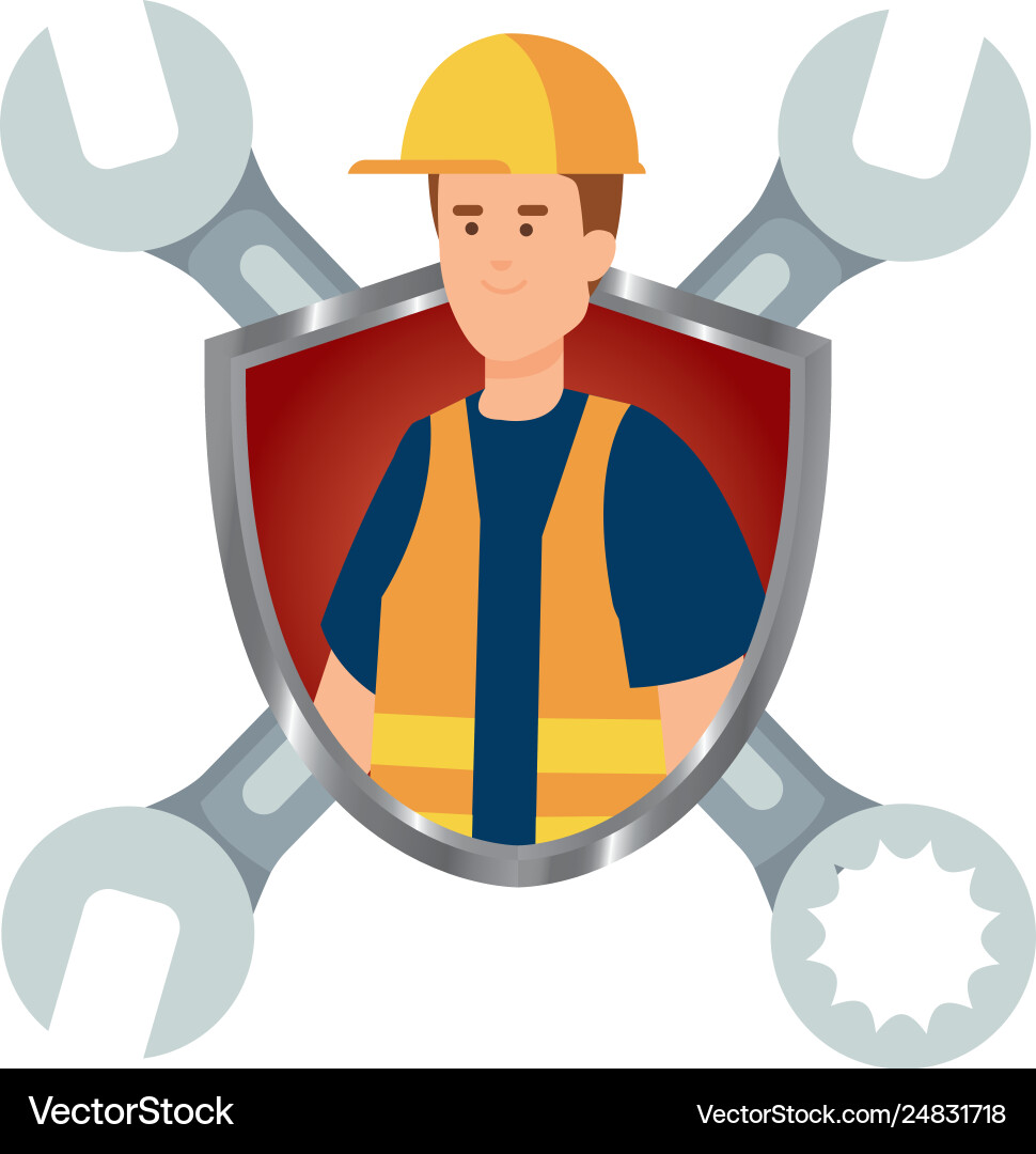 Builder worker with helmet and wrenches in shield Vector Image