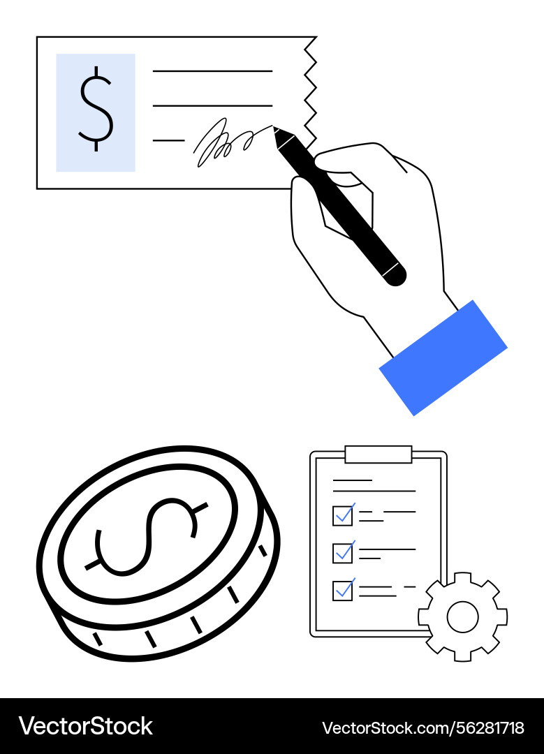 Hand signing document with coin and checklist Hand signing document with coin and checklist vector image