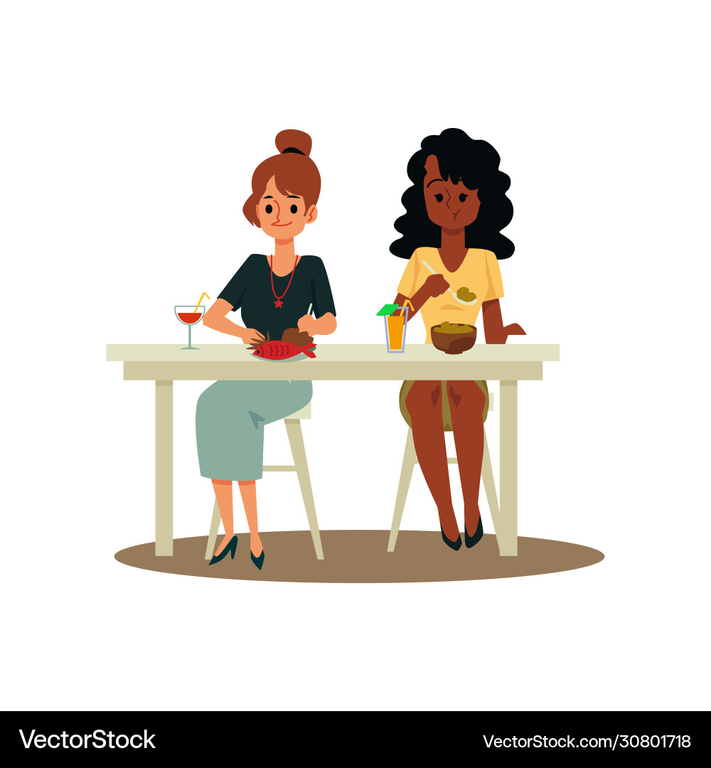 kaukasische und afrikanische amerikanische Frauen essen Wohnung Kaukasische und afrikanische amerikanische Frauen essen Wohnung vektorbild