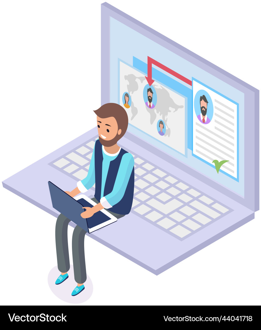 Man looking at user profiles in social network Man looking at user profiles in social network vector image