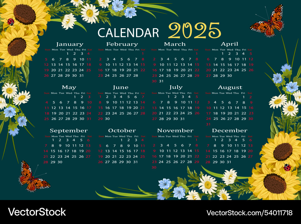 Sunflower Calendar For 2025 Royalty Free Vector Image Sunflower Calendar For 2025 Vector 54011718