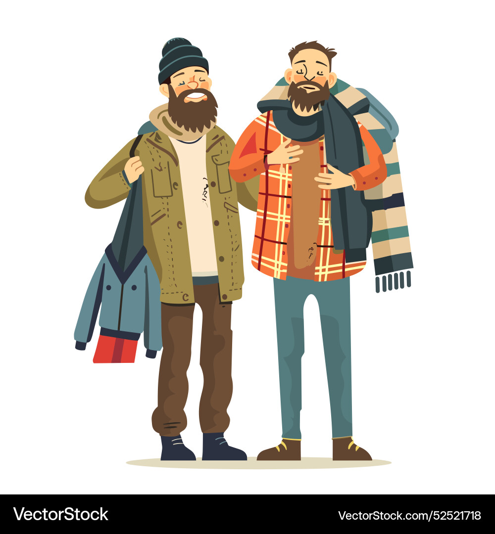Two bearded men chatting happily wearing jackets Vector Image