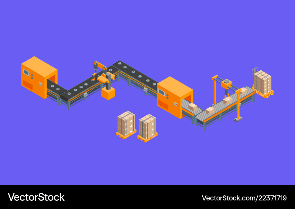 Automated factory 3d isometric view on a purple Automated factory 3d isometric view on a purple vector image