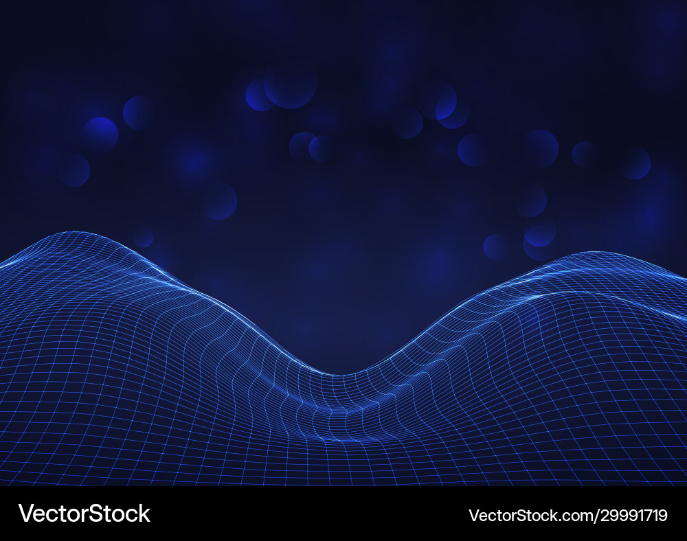 Futuristic flowing grid on bokeh lights background vector image