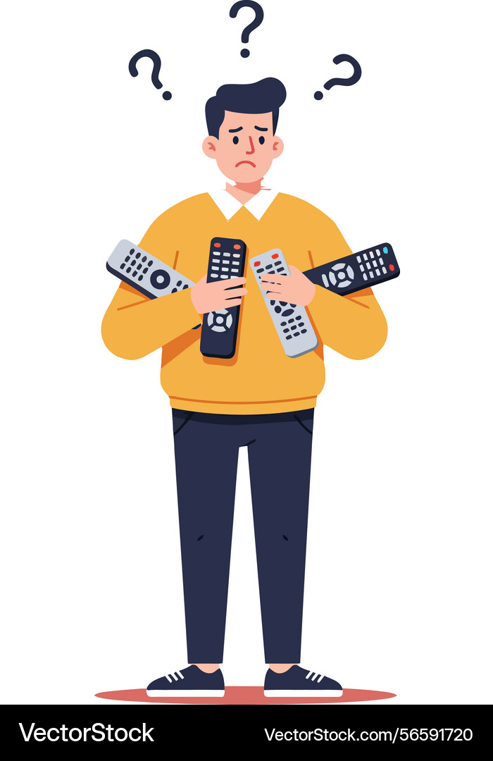 Confused man holding multiple remote controls Confused man holding multiple remote controls Vector Image