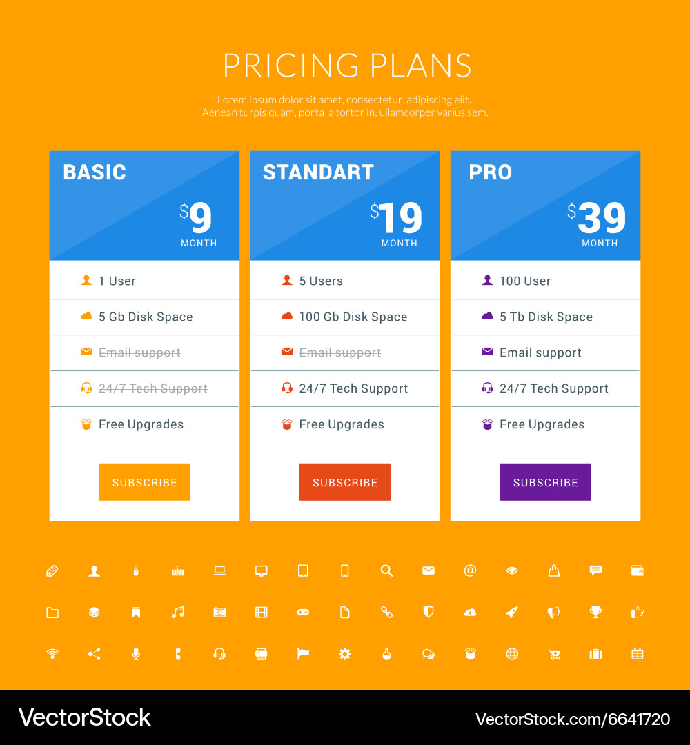 Design template for pricing table with icon set vector image