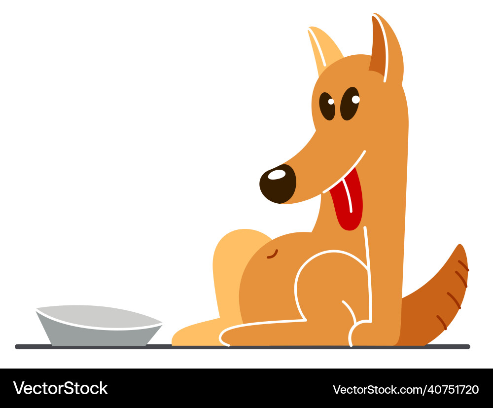 Funny cartoon dog sitting near his bowl satiated Funny cartoon dog sitting near his bowl satiated vector image