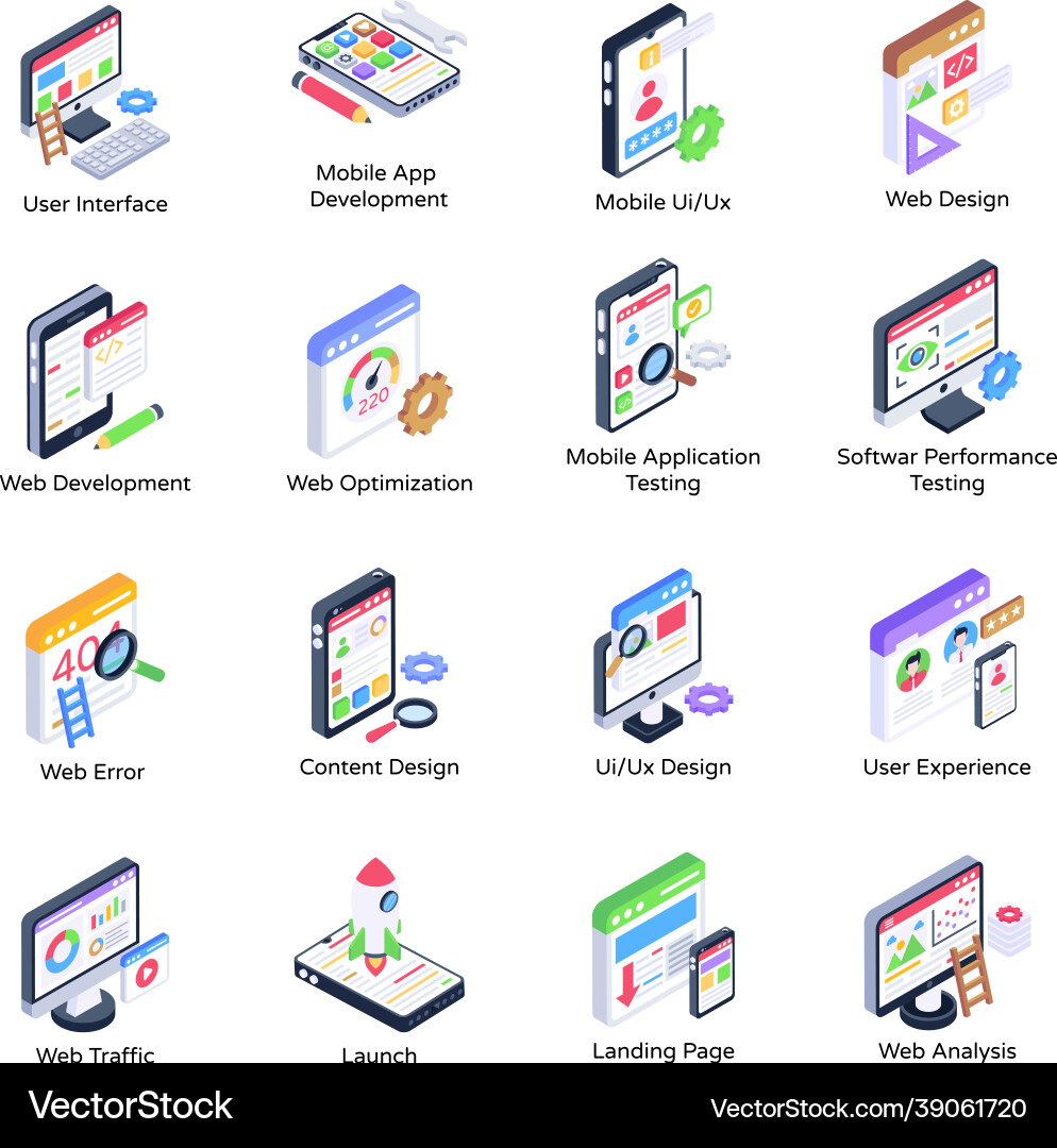 Pack of web development isometric icon vector image