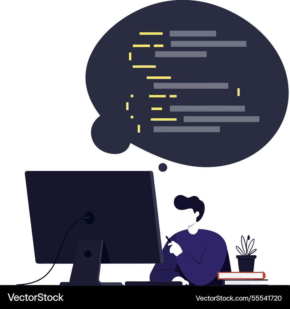 Person coding at a computer with thought bubble Person coding at a computer with thought bubble Vector Image