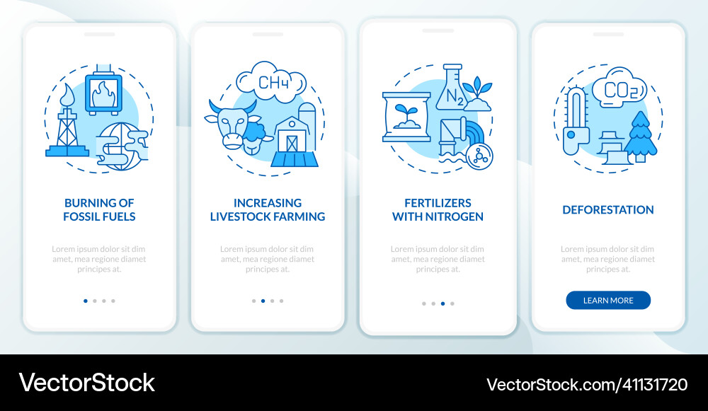 Reasons for climate change blue onboarding mobile Reasons for climate change blue onboarding mobile vector image
