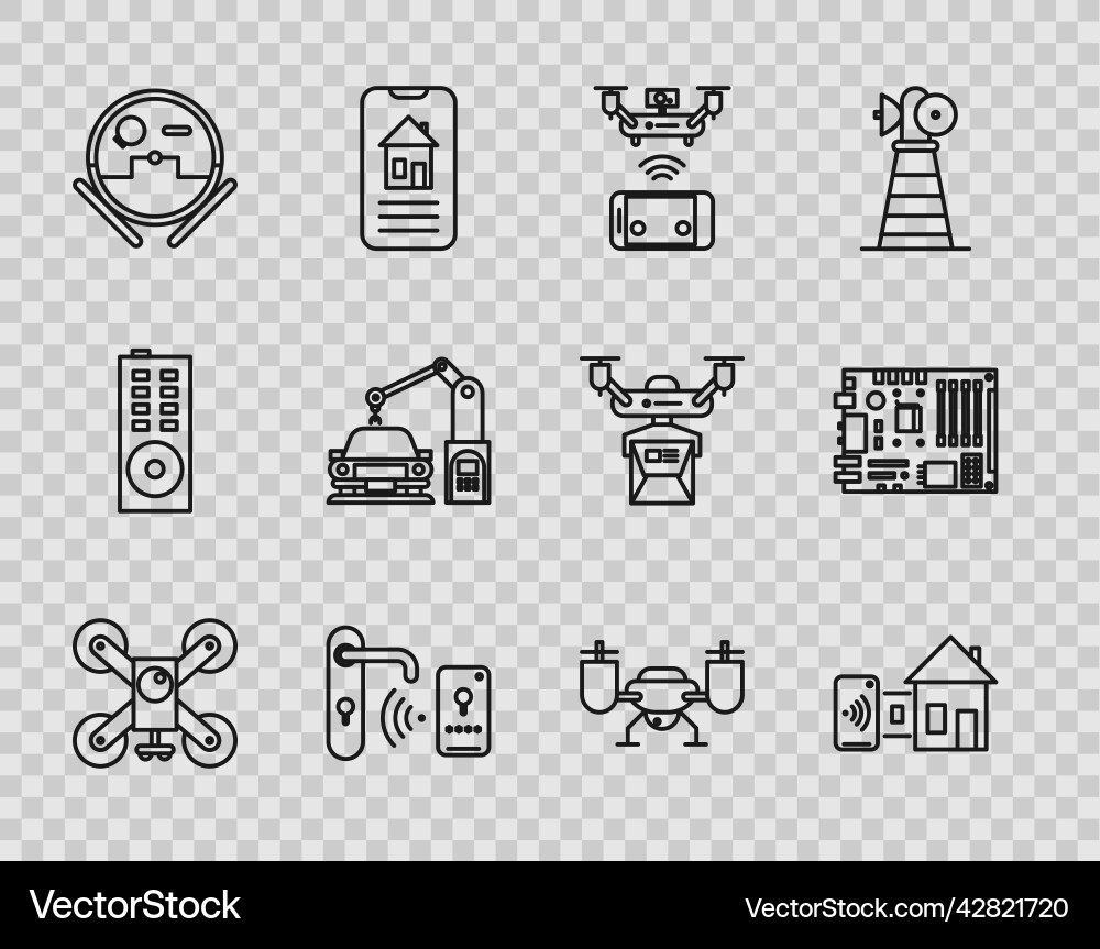Set line drone flying with action camera robot Set line drone flying with action camera robot vector image