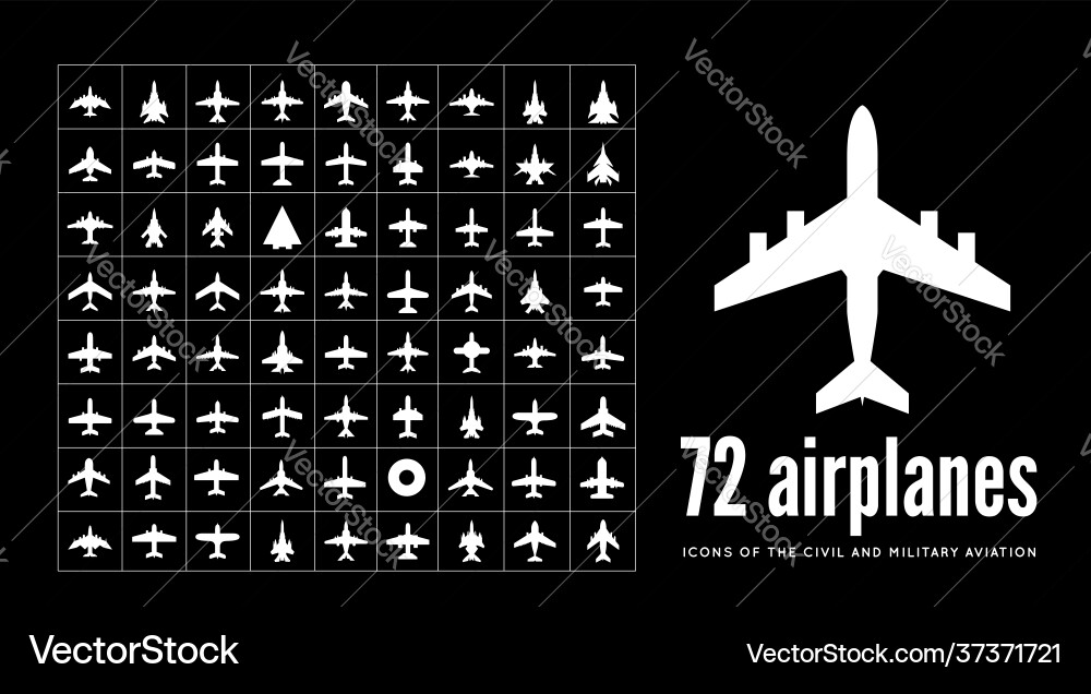 72 civil and military aircraft icons on black 72 civil and military aircraft icons on black vector image