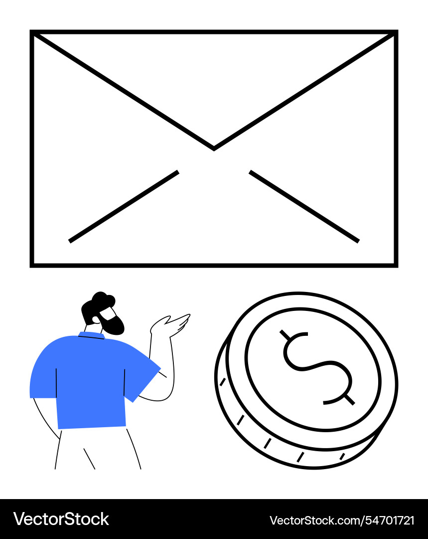Man gesturing towards large envelope and coin Man gesturing towards large envelope and coin vector image