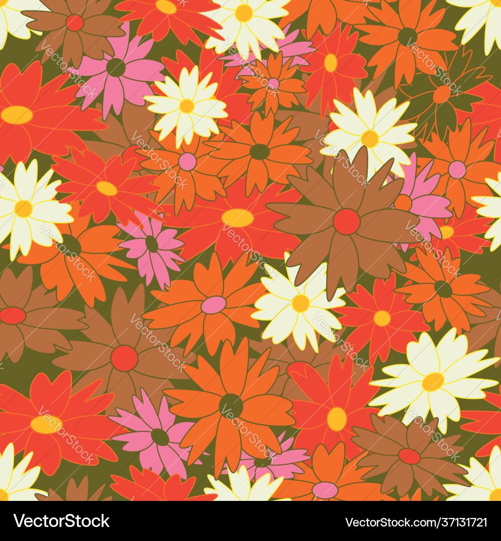 Retro flowers multi color seamless repeat pattern vector image
