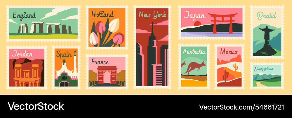 Set of travel post stamp vintage international Set of travel post stamp vintage international vector image