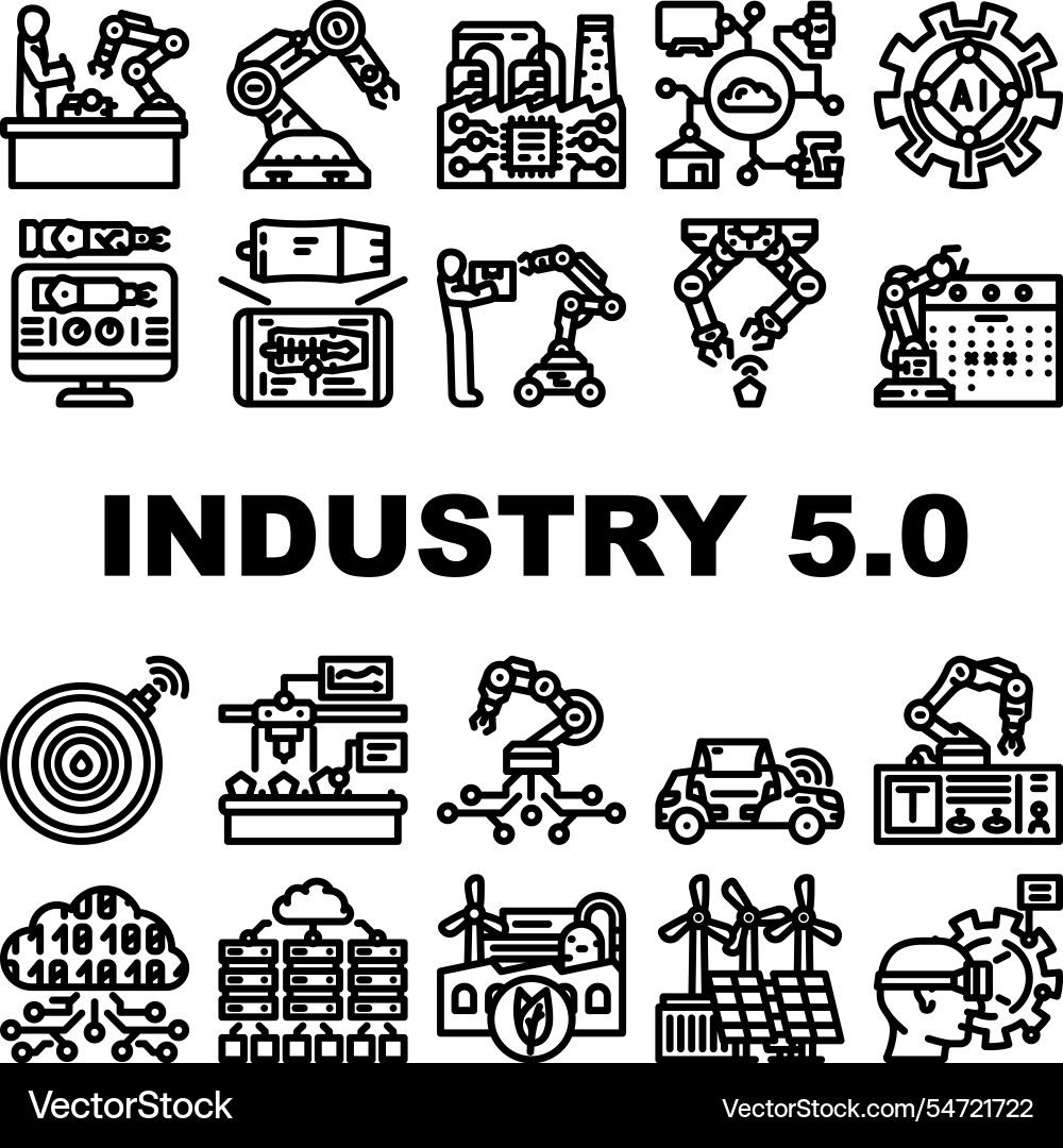 Industry 5 automation robotics icons set Industry 5 automation robotics icons set vector image