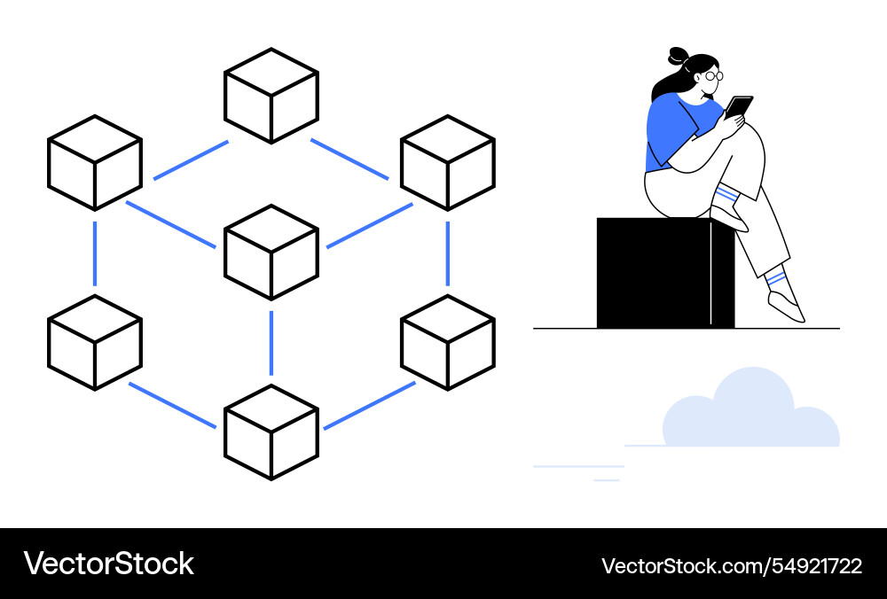 Person reading on tablet next to blockchain Person reading on tablet next to blockchain vector image