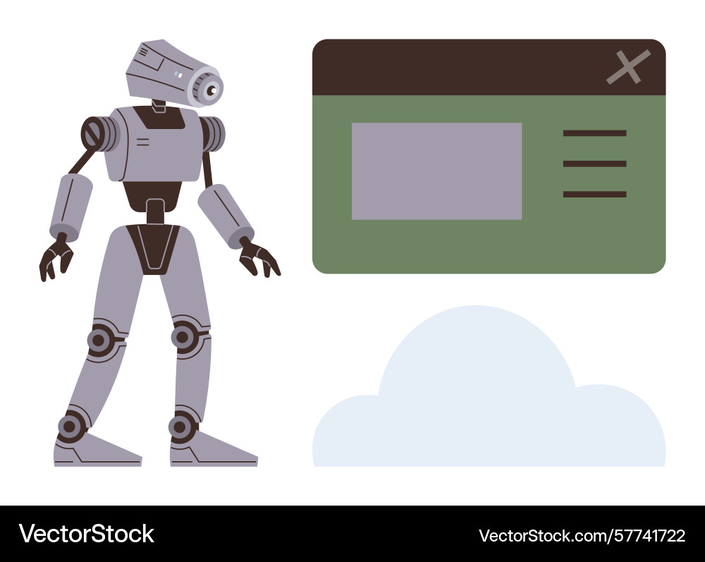 Robot next to digital interface window and cloud Robot next to digital interface window and cloud vector image