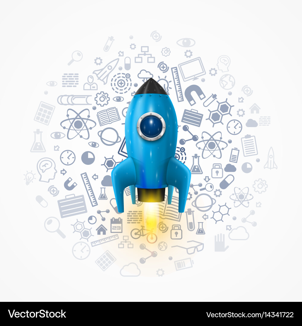 Rocket with icons on the background space vector image